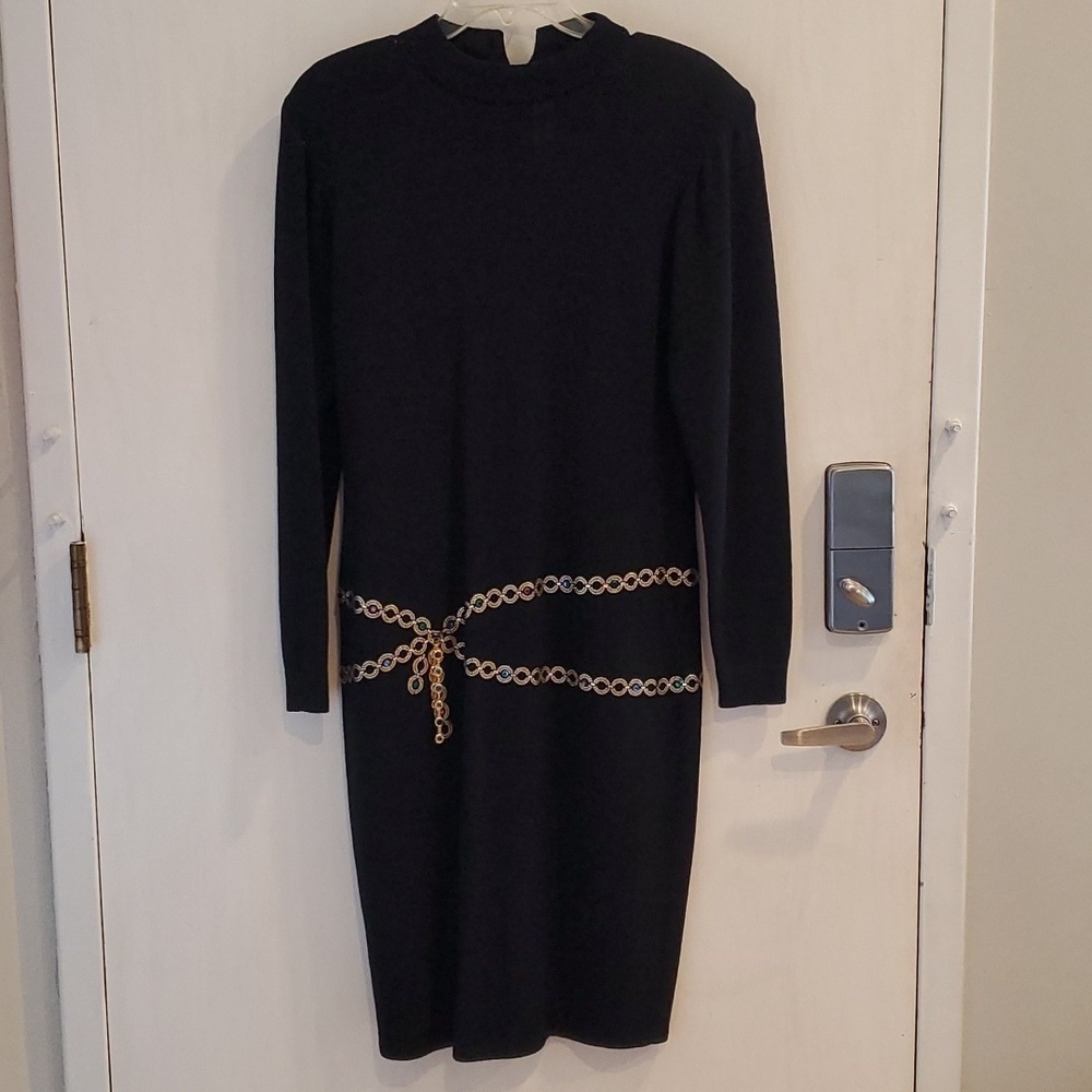 St. John Vintage Black Jewel Belt Sweater Dress 10